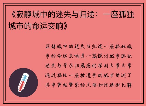 《寂静城中的迷失与归途：一座孤独城市的命运交响》